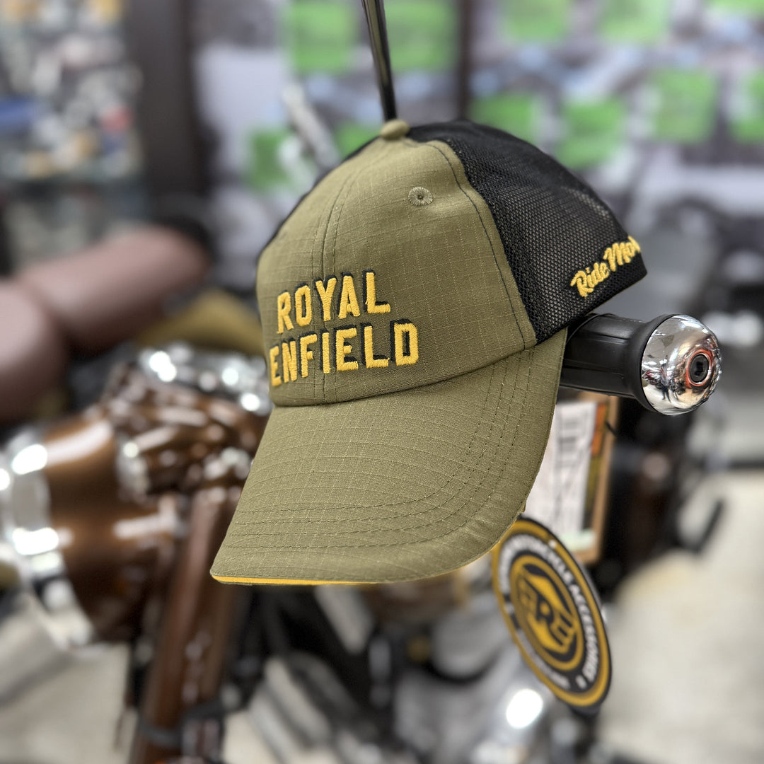 Hat: Royal Enfield Ripstop Cap (olive with yellow text)