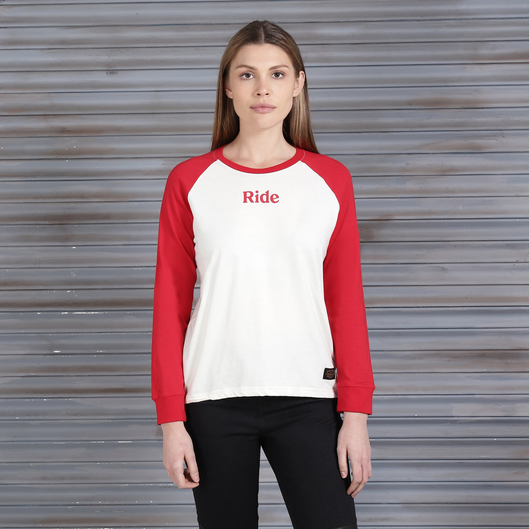 Long Sleeve: Women's Moto Dreams Raglan Shirt (red & white)