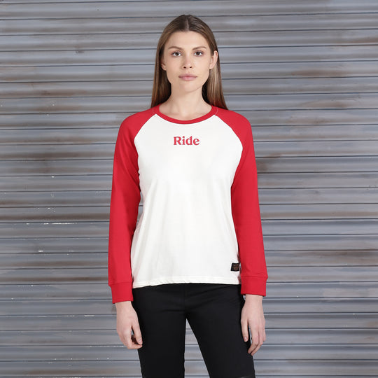 Long Sleeve: Women's Moto Dreams Raglan Shirt (red & white)