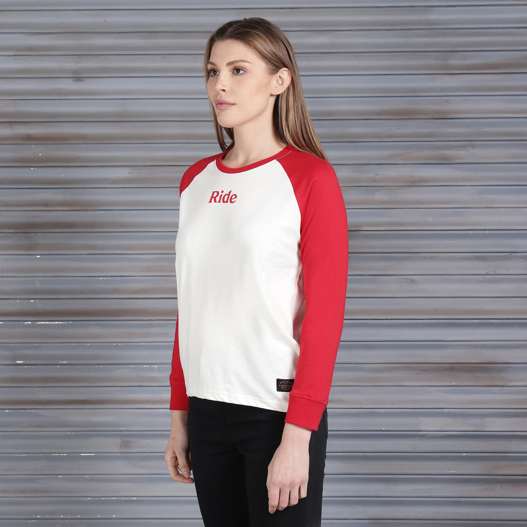 Long Sleeve: Women's Moto Dreams Raglan Shirt (red & white)