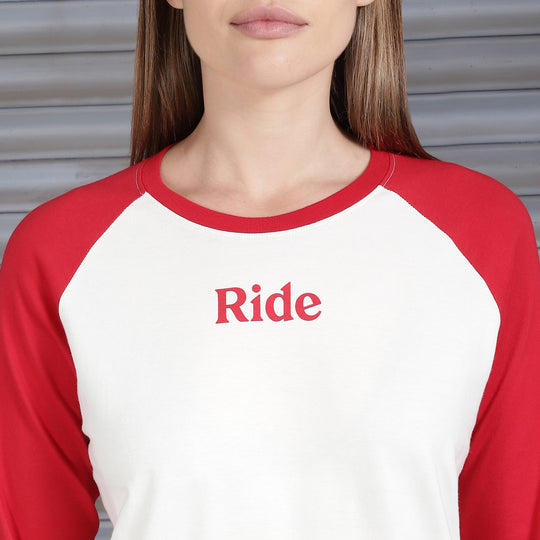 Long Sleeve: Women's Moto Dreams Raglan Shirt (red & white)