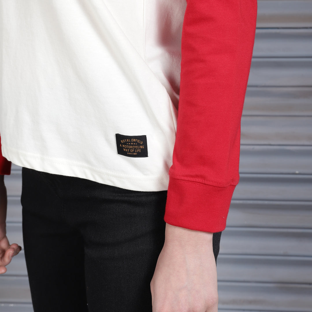 Long Sleeve: Women's Moto Dreams Raglan Shirt (red & white)
