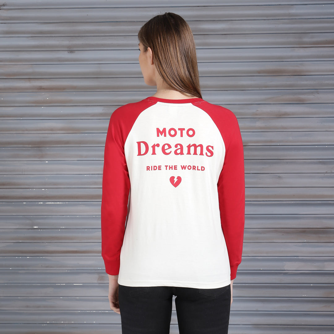 Long Sleeve: Women's Moto Dreams Raglan Shirt (red & white)