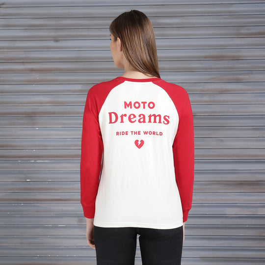 Long Sleeve: Women's Moto Dreams Raglan Shirt (red & white)