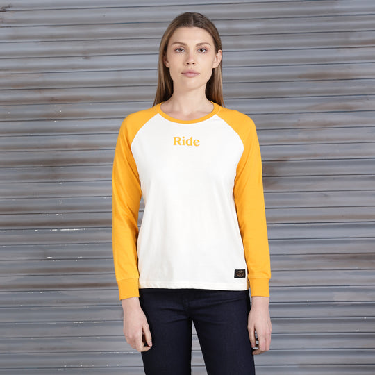 Long Sleeve: Women's Moto Dreams Raglan Shirt (yellow & white)