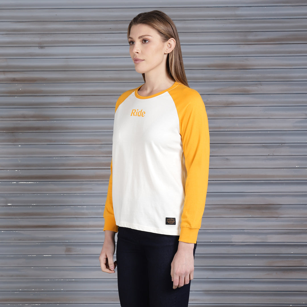 Long Sleeve: Women's Moto Dreams Raglan Shirt (yellow & white)