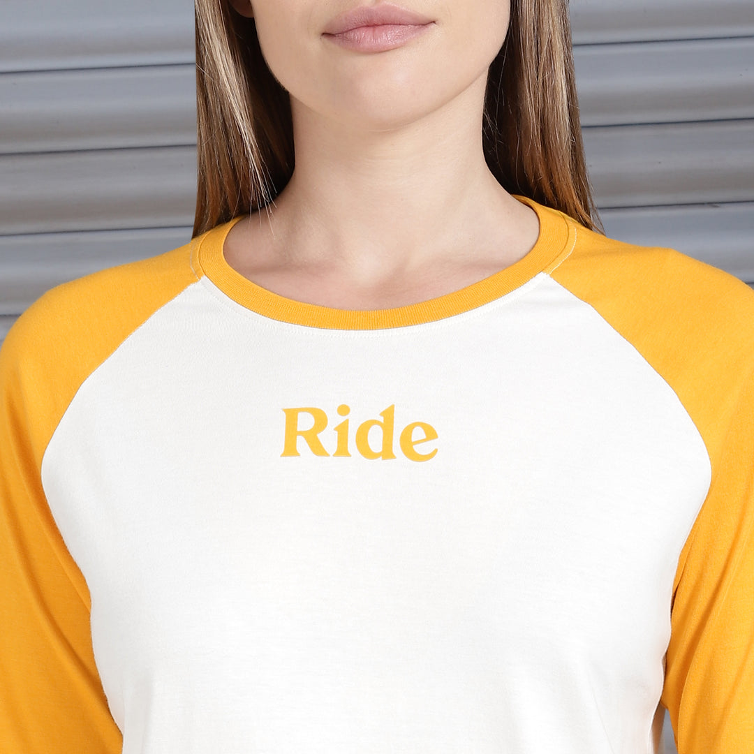 Long Sleeve: Women's Moto Dreams Raglan Shirt (yellow & white)