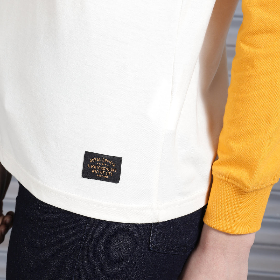 Long Sleeve: Women's Moto Dreams Raglan Shirt (yellow & white)