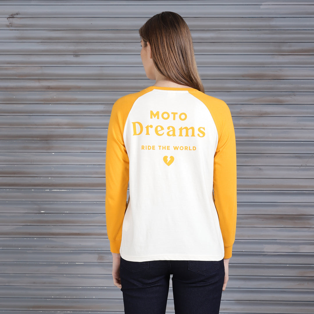 Long Sleeve: Women's Moto Dreams Raglan Shirt (yellow & white)