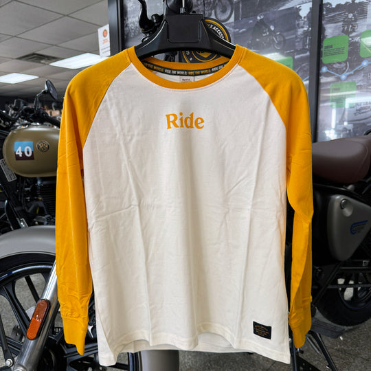 Long Sleeve: Women's Moto Dreams Raglan Shirt (yellow & white)