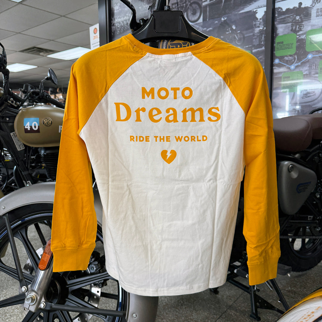 Long Sleeve: Women's Moto Dreams Raglan Shirt (yellow & white)