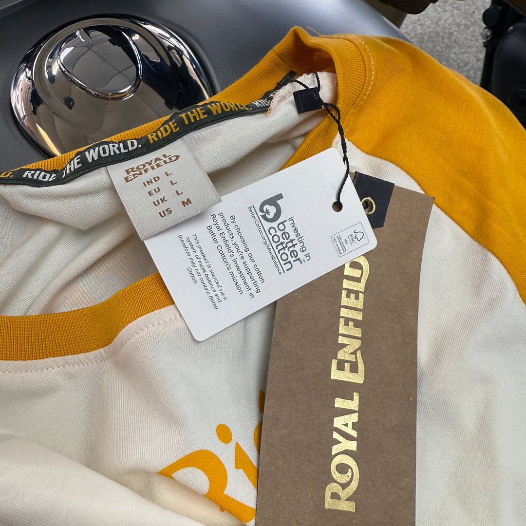 Long Sleeve: Women's Moto Dreams Raglan Shirt (yellow & white)