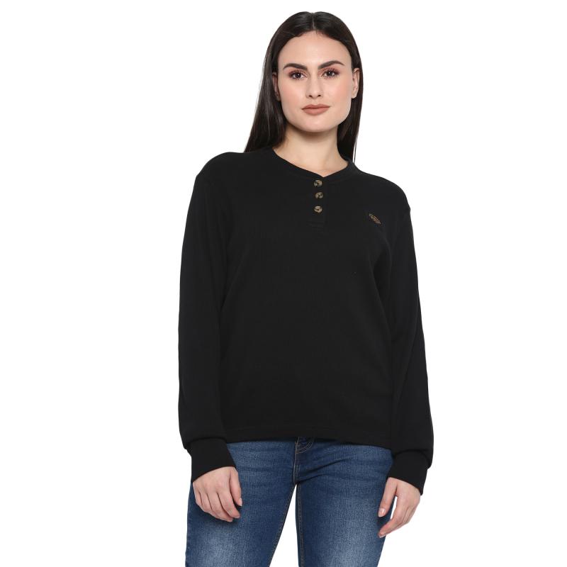 Long Sleeve: Women's Branded Waffle Henley Full Sleeve (black)