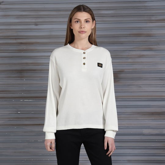 Long Sleeve: Women's Branded Waffle Henley Full Sleeve (white)
