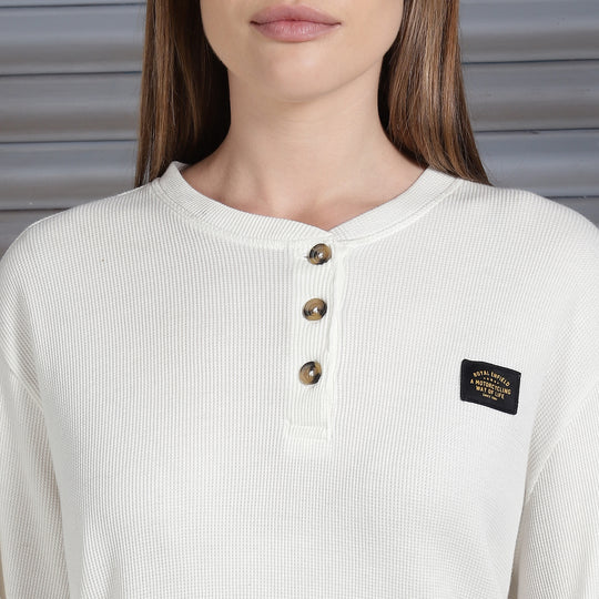 Long Sleeve: Women's Branded Waffle Henley Full Sleeve (white)